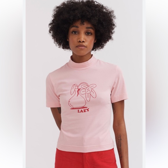 LAZY OAF Wilted Flower Mock Neck Fitted Babydoll T-Shirt Tee Top Pink Size US 14 - Picture 2 of 8